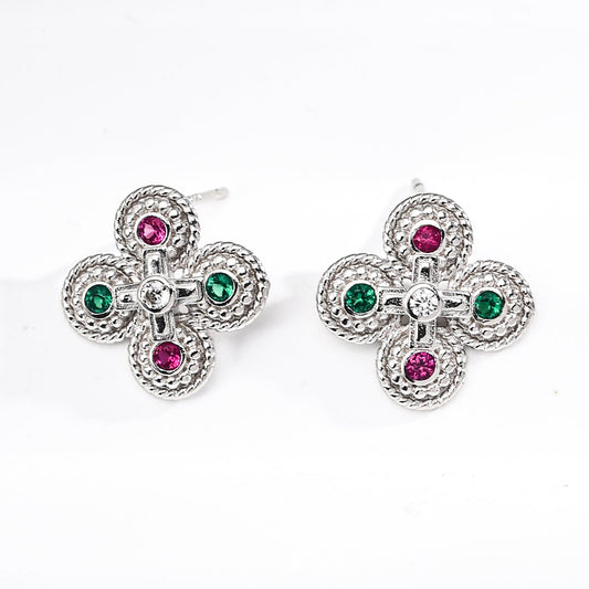 S925 Silver Vintage Byzantine Quatrefoil Multicolor Zircon Stud Earrings