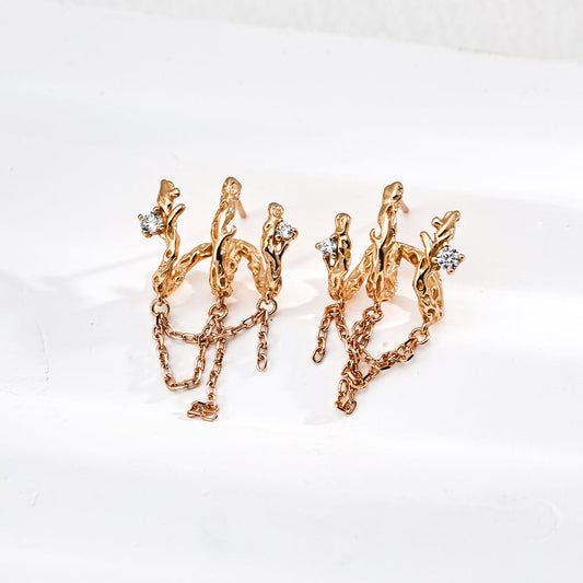 S925 Silver Vintage Twig Branch Zircon Ear Jacket Ring & Earrings Set