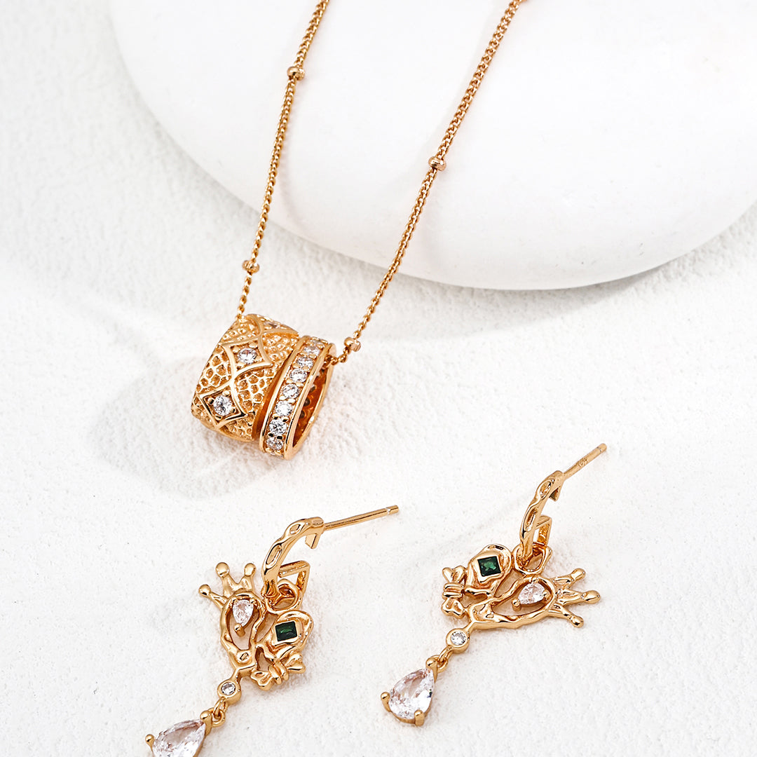 S925 Gold-Tone Crown Drop Earrings with Green CZ & Pear-Cut CZ Drop