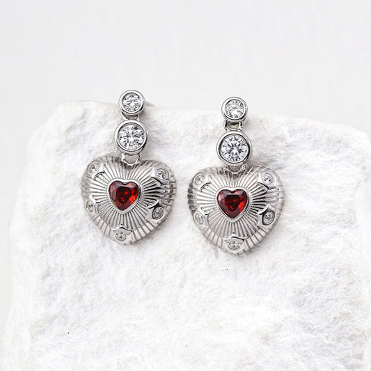 S925 Silver Sunburst Heart Drop Earrings with Red Garnet & CZ
