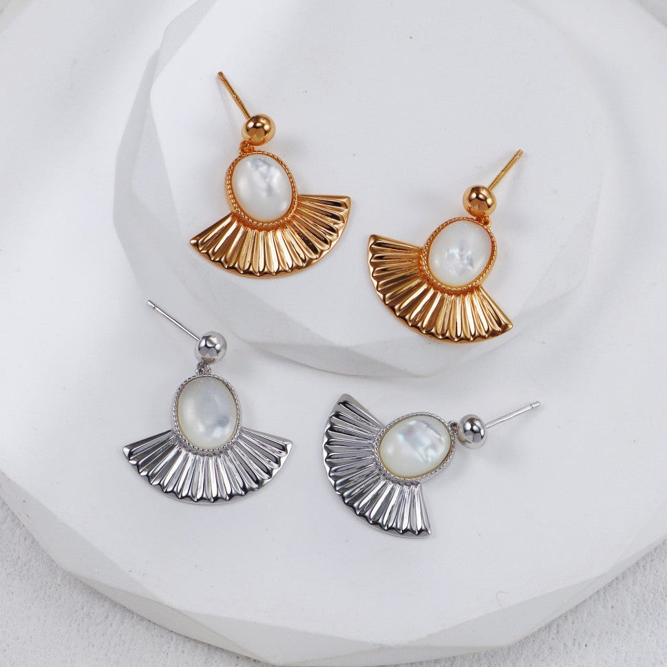 S925 Gold-Tone Sunburst Freshwater Pearl Cabochon Drop Earrings