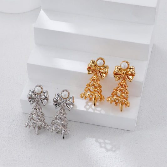 S925 Gold-Tone Bell Charm Drop Earrings with Bow & Freshwater Pearl
