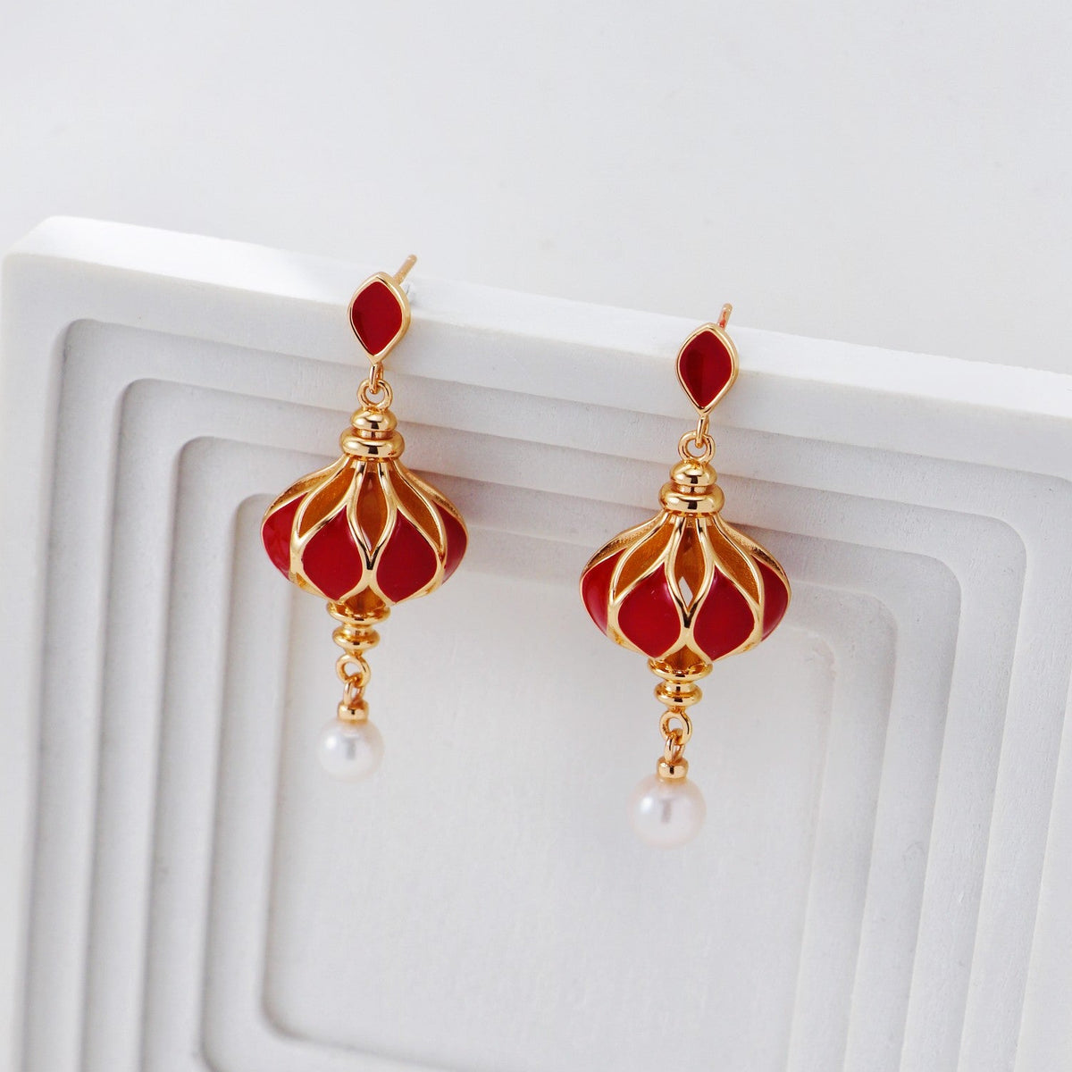 S925 Gold-Tone Red Lantern Drop Earrings with Freshwater Pear