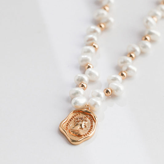 S925 Gold-Tone Baroque Pearl Choker with Vintage Coin Pendant