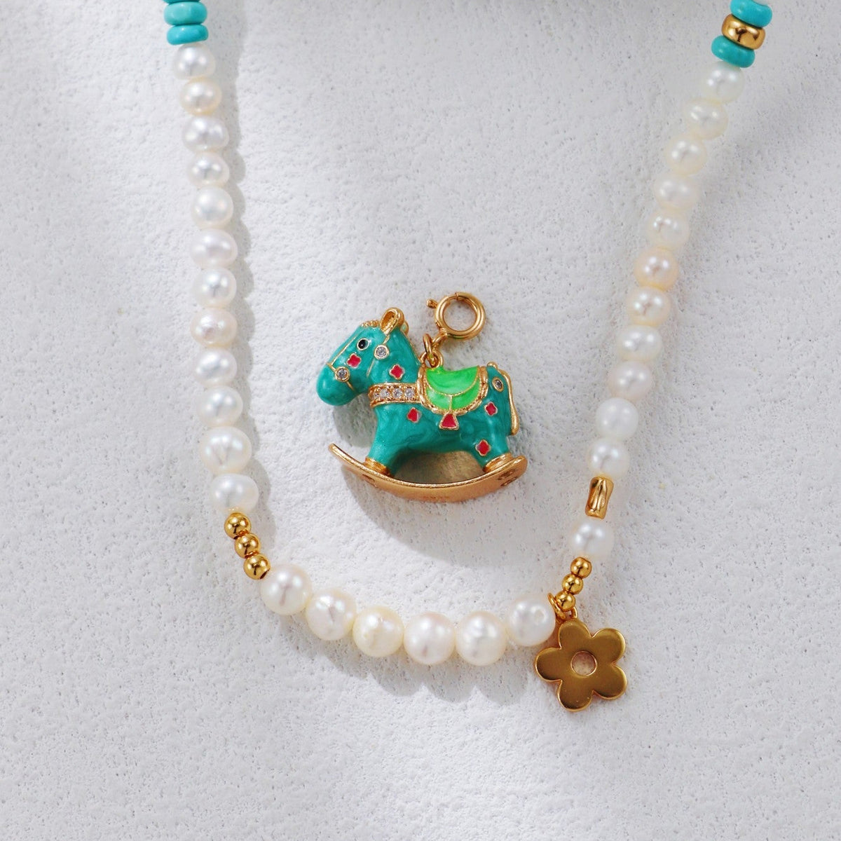 S925 Gold-Tone Pearl & Turquoise Rocking-Horse Charm Necklace