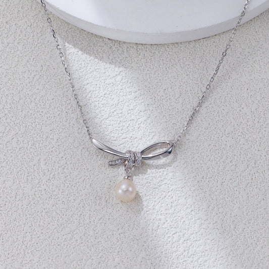 S925 Silver Bow-Knot Pearl Pendant Necklace & Stud Earrings Set