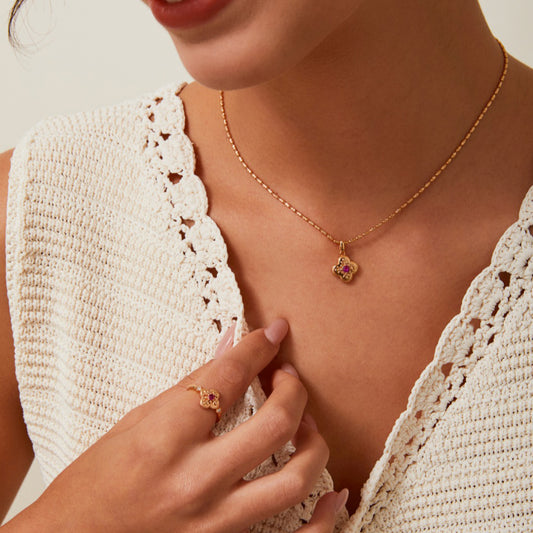 S925 Gold-Tone Four-Leaf Clover Ring with Red CZ Heart