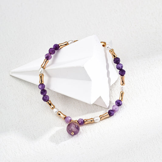 S925 Gold-Tone Faceted Purple Lepidolite Bracelet with Amethyst Drop