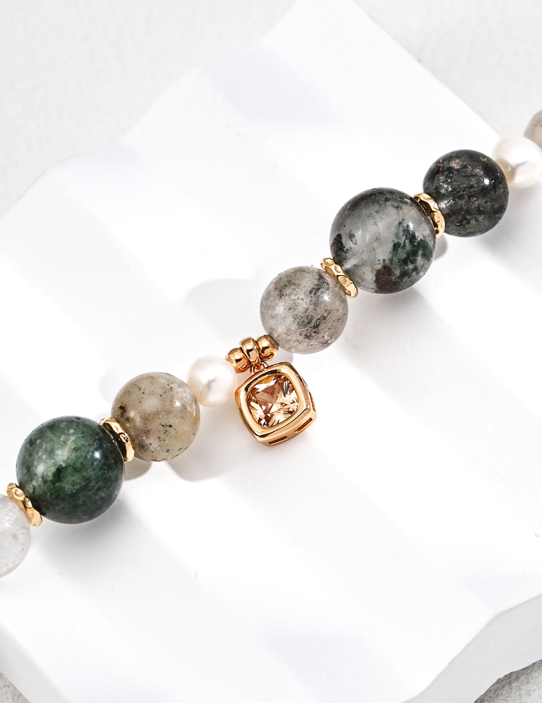 S925 Gold-Tone Green Phantom Quartz & Pearl Bracelet with Square CZ Charm