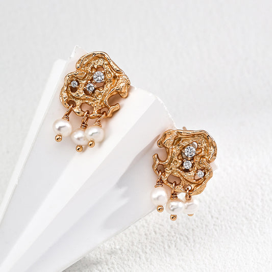 S925 Gold-Tone Molten Lace Stud Earrings with CZ & Triple Pearl Drops