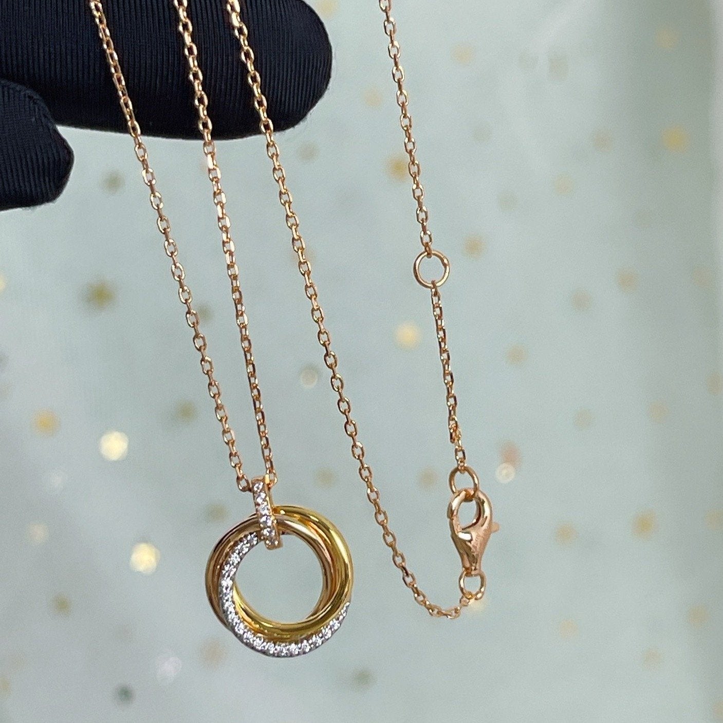 [Vicky]TRINITY NECKLACE SILVER GOLD PINK GOLD DIAMONDS