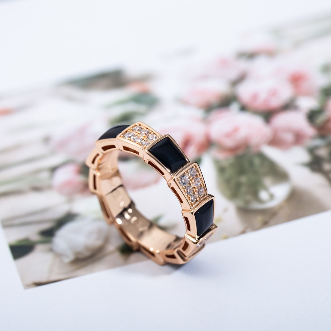 [Vicky]SERPENTI RING PINK GOLD BLACK MOP DIAMOND PAVED 4MM
