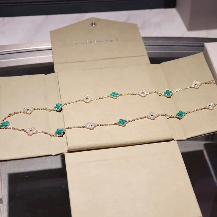 [Vicky]CLOVER 20 MOTIFS MALACHITE DIAMOND NECKLACE