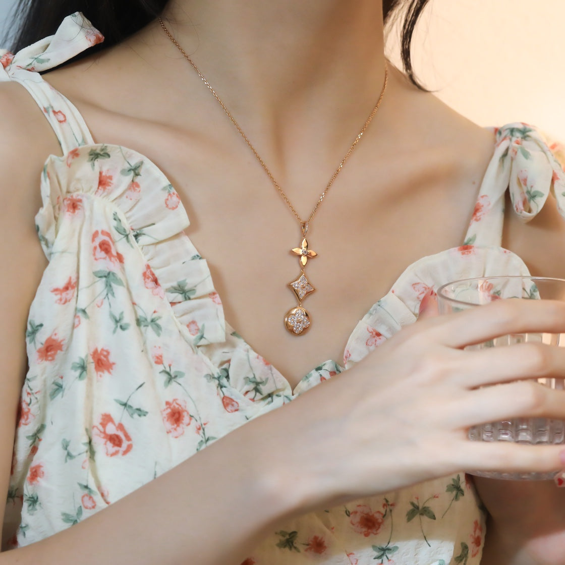 [Vicky]STAR AND SUN DIAMOND PINK GOLD NECKLACE
