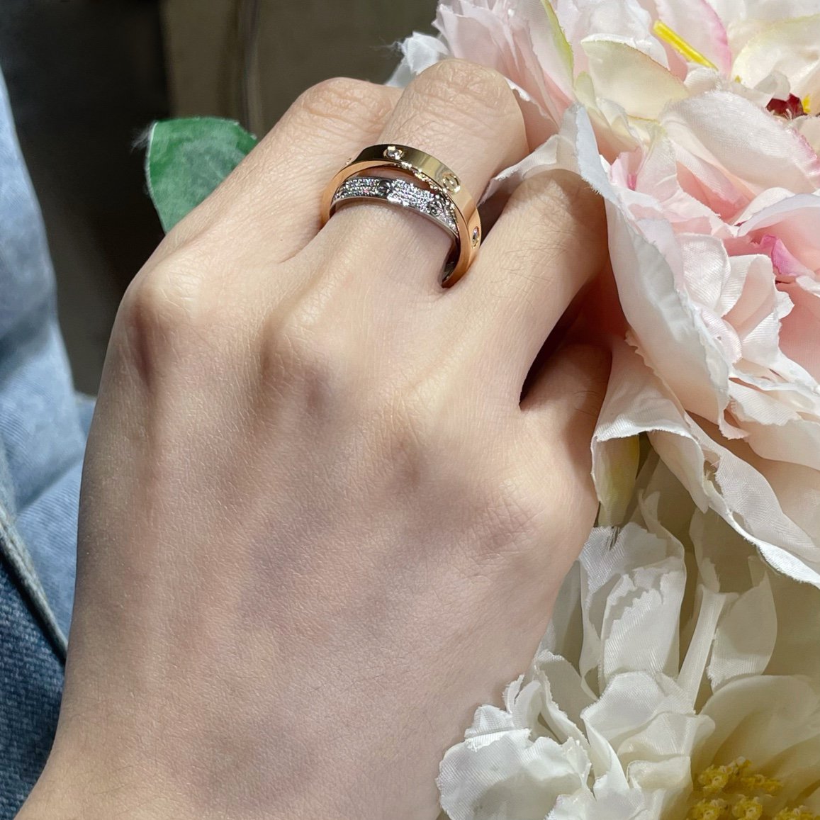 [Vicky]LOVE PINK GOLD SILVER DIAMOND DOUBLE RING