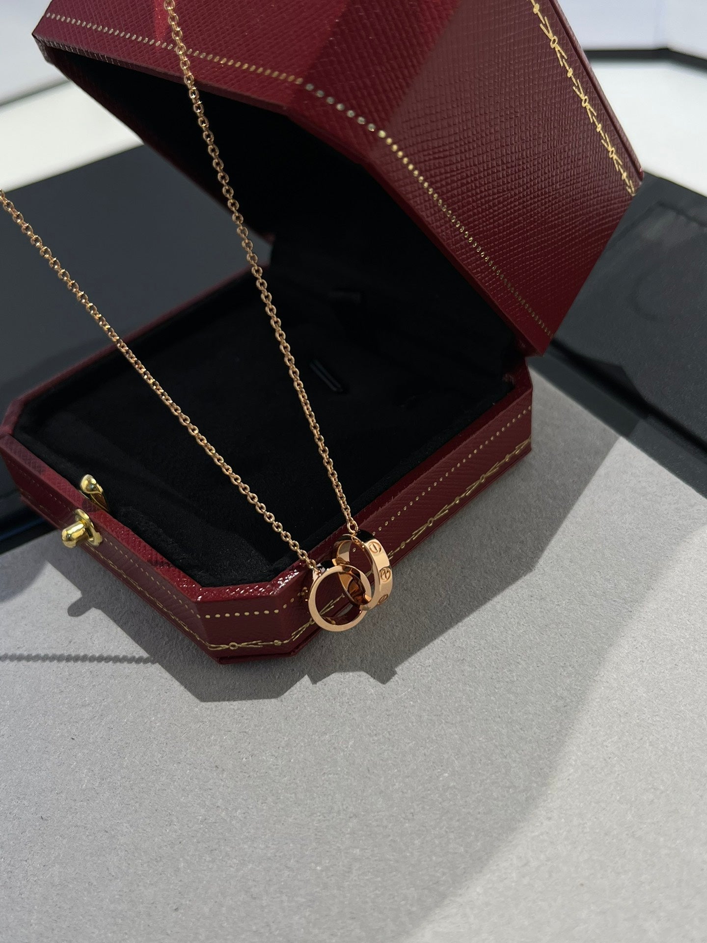 [Vicky]LOVE NECKLACE DOUBLE RING PINK GOLD