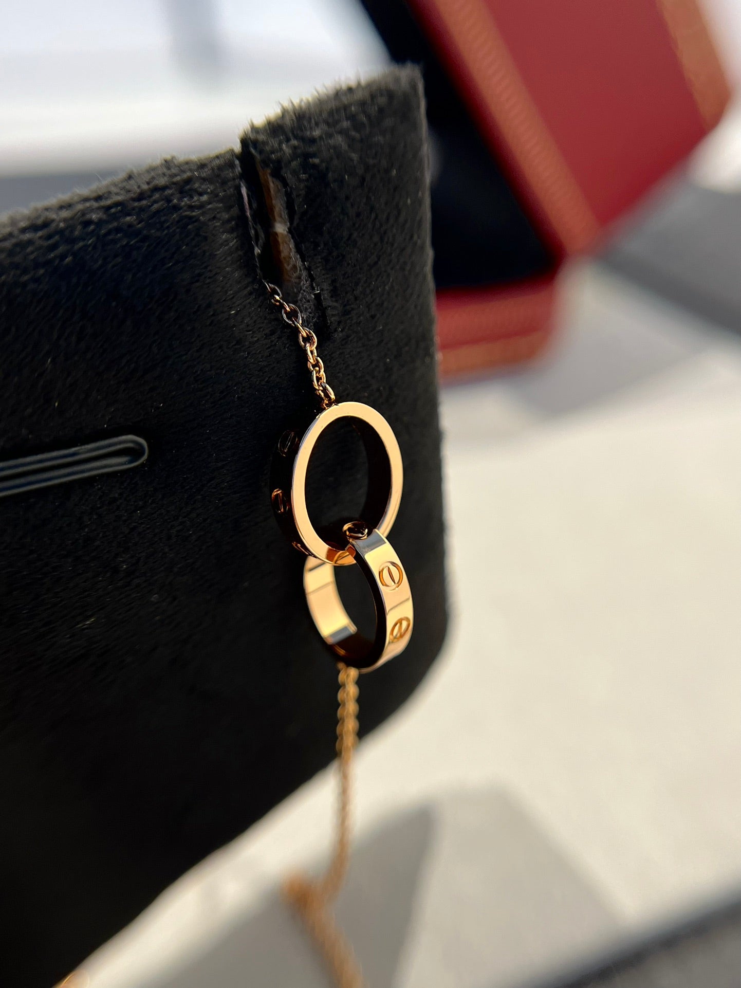 [Vicky]LOVE NECKLACE DOUBLE RING PINK GOLD
