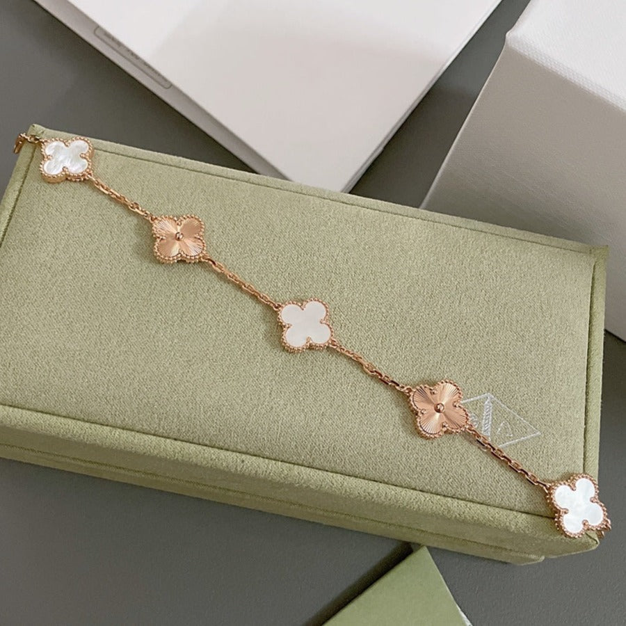 [Vicky]CLOVER BRACELET 5 MOTIF WHITE MOP PINK GOLD