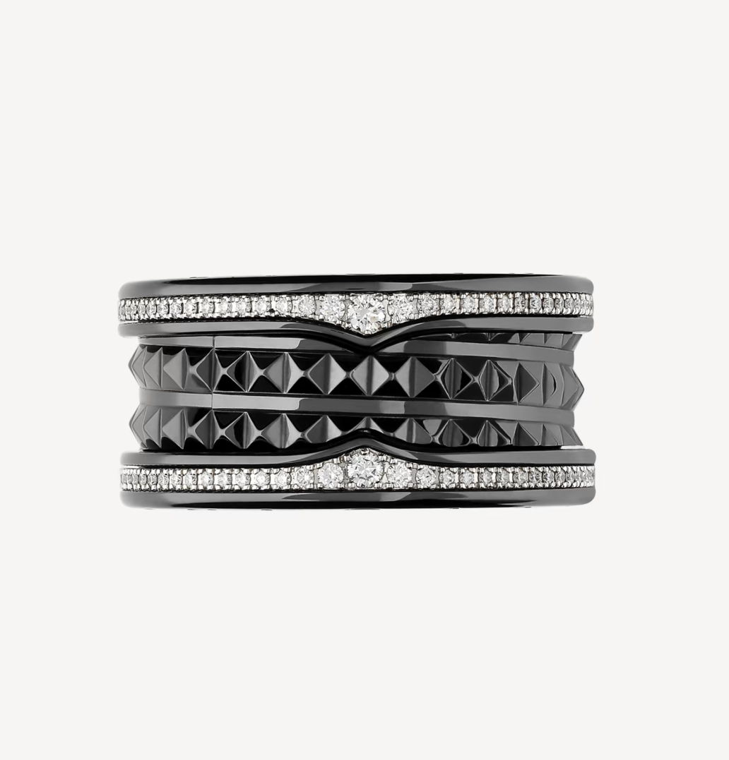 [Vicky]ZERO 1 ROCK FOUR-BAND BLACK CERAMIC WITH STUDDED SPIRAL AND PAVED DIAMONDS RING