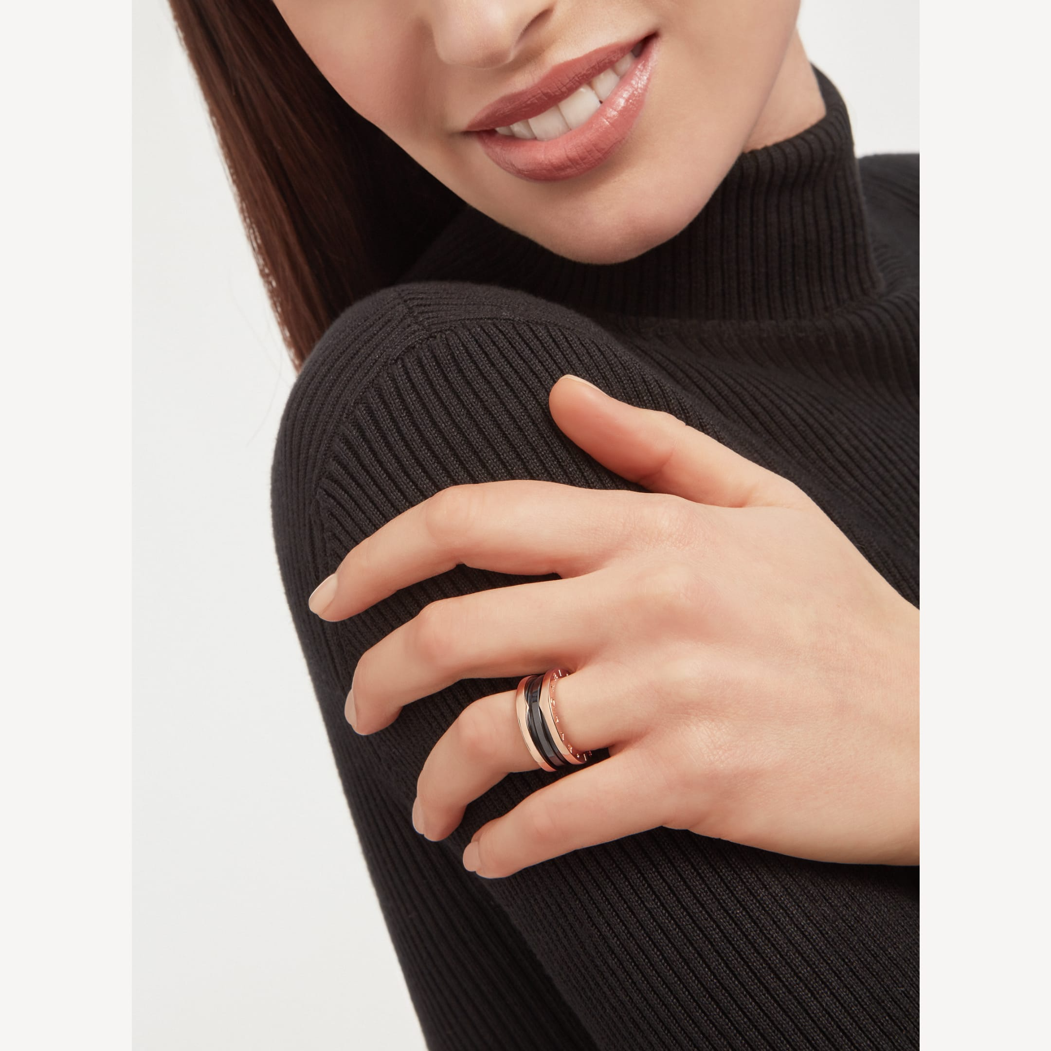 [Vicky]ZERO 1 TWO-BAND LOOPS AND BLACK CERAMIC PINK GOLD RING