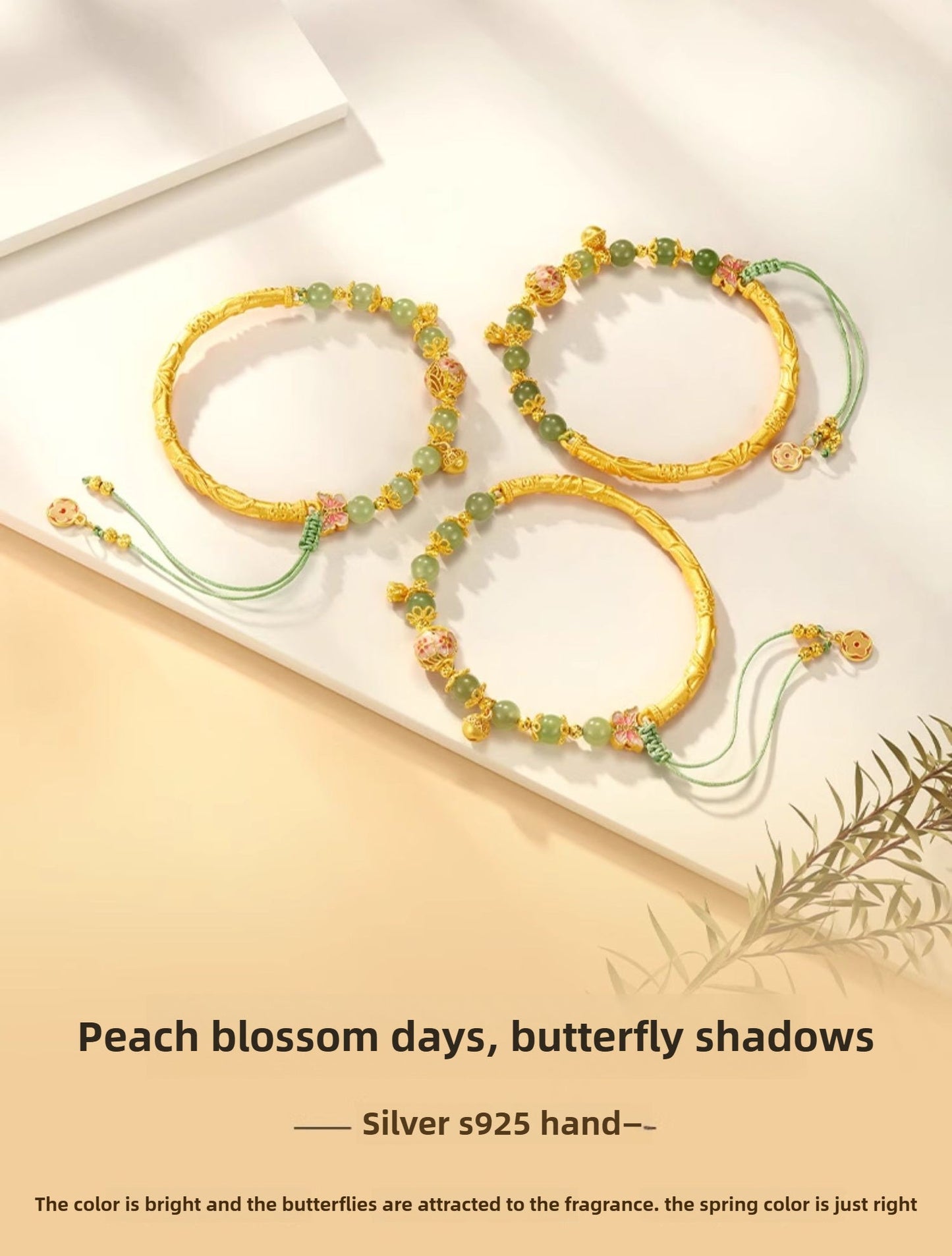 Hetian Jade Peach Blossom Bracelet Sterling Silver 925 Chinese-Style Bouquet Bracelet