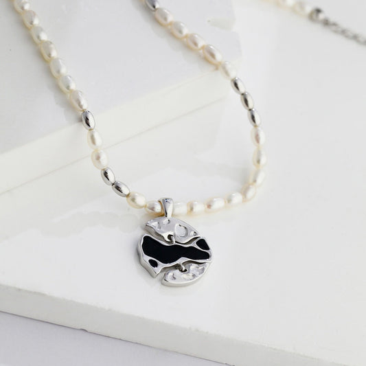 S925 Silver Pearl Black Enamel Split Pendant Necklace