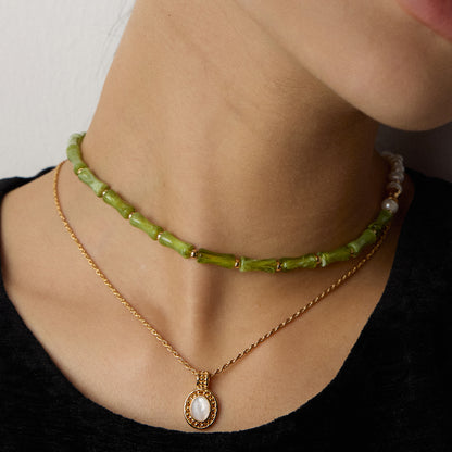 S925 Silver Green Bamboo-Jade Beaded Choker & Mother-of-Pearl Pendant Necklace