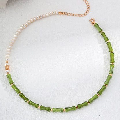 S925 Silver Green Bamboo-Jade Beaded Choker & Mother-of-Pearl Pendant Necklace