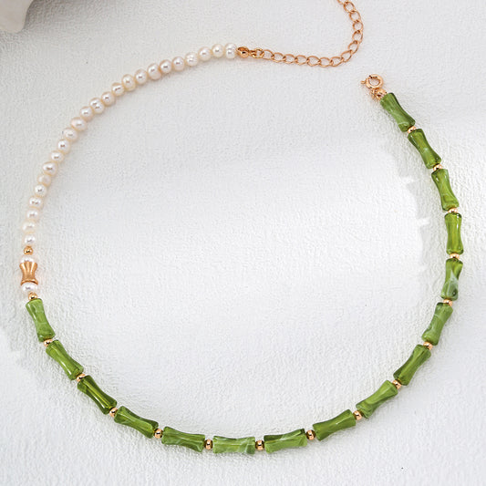 S925 Silver Green Bamboo-Jade Beaded Choker & Mother-of-Pearl Pendant Necklace