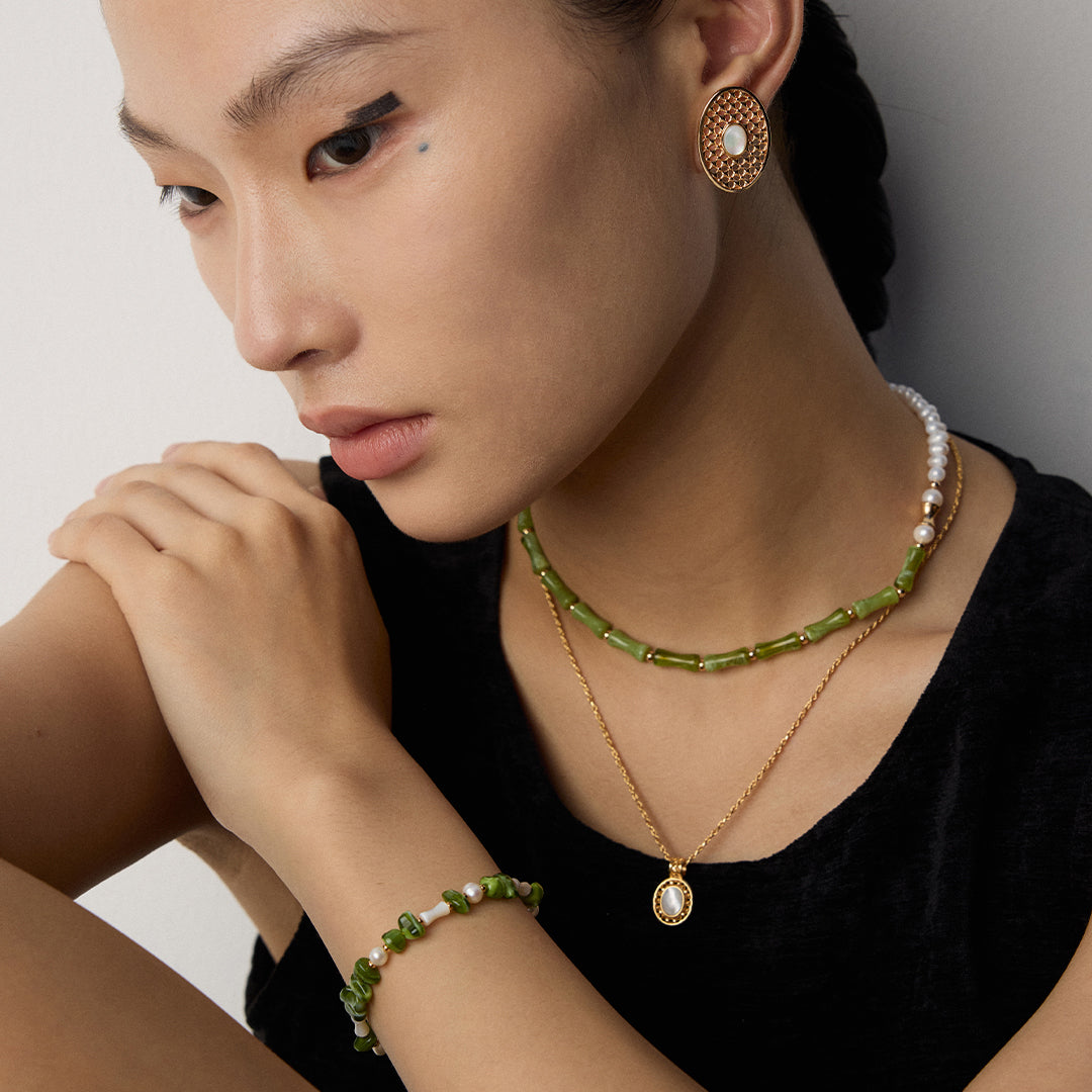 S925 Silver Green Bamboo-Jade Beaded Choker & Mother-of-Pearl Pendant Necklace