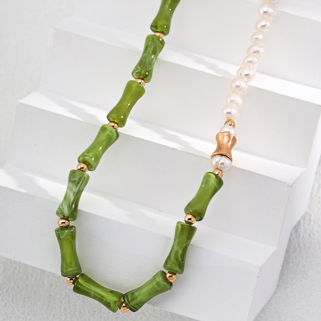 S925 Silver Green Bamboo-Jade Beaded Choker & Mother-of-Pearl Pendant Necklace