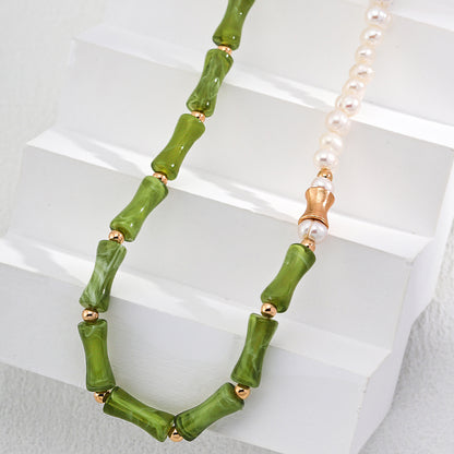 S925 Silver Green Bamboo-Jade Beaded Choker & Mother-of-Pearl Pendant Necklace