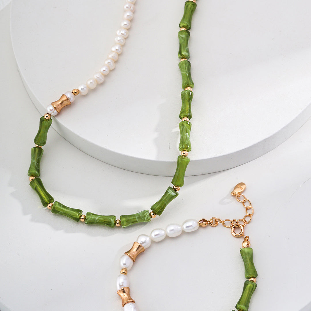 S925 Silver Green Bamboo-Jade Beaded Choker & Mother-of-Pearl Pendant Necklace