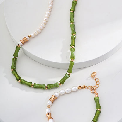 S925 Silver Green Bamboo-Jade Beaded Choker & Mother-of-Pearl Pendant Necklace