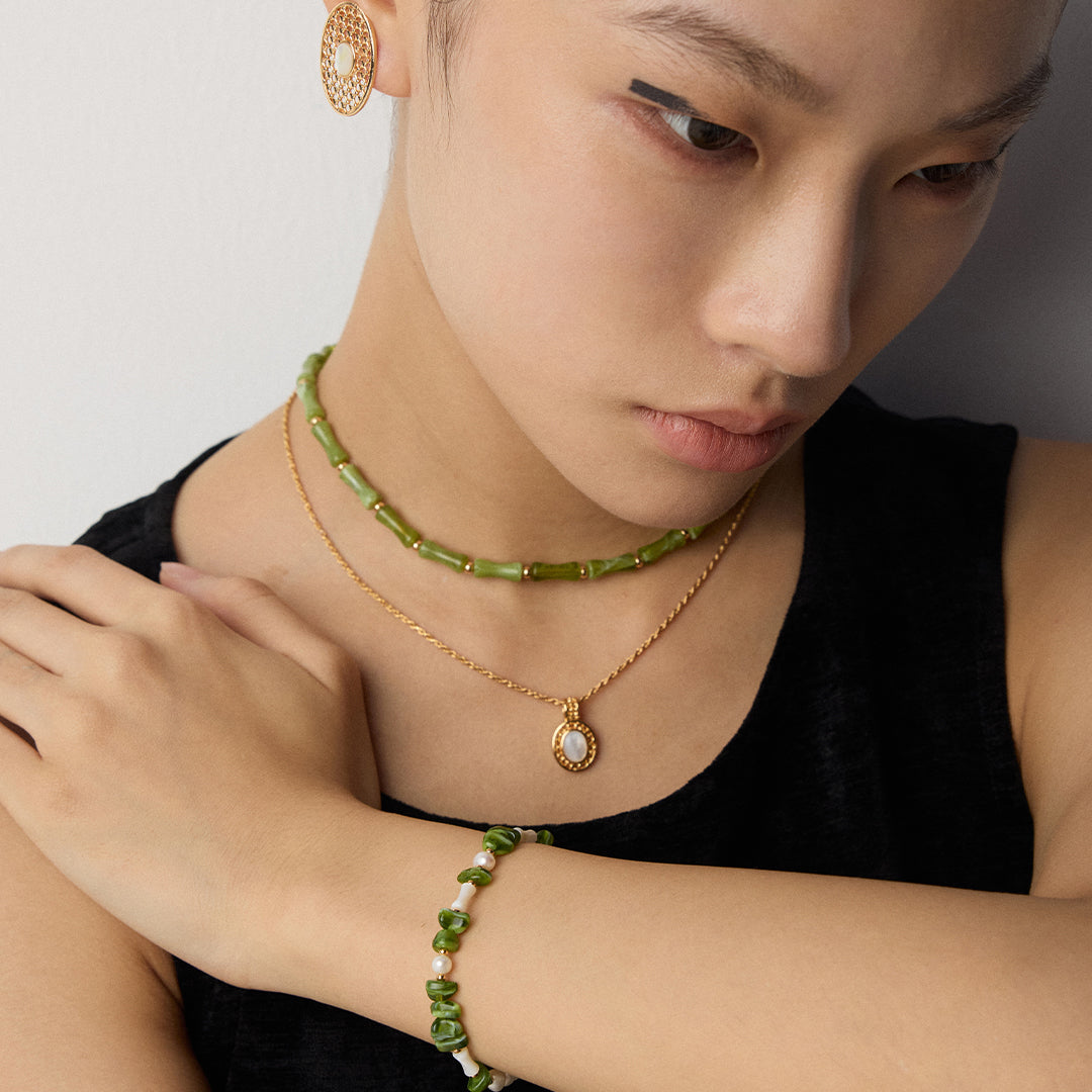 S925 Silver Green Bamboo-Jade Beaded Choker & Mother-of-Pearl Pendant Necklace