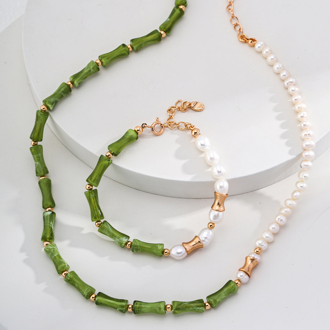 S925 Silver Green Bamboo-Jade Beaded Choker & Mother-of-Pearl Pendant Necklace