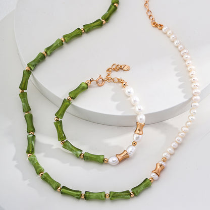 S925 Silver Green Bamboo-Jade Beaded Choker & Mother-of-Pearl Pendant Necklace