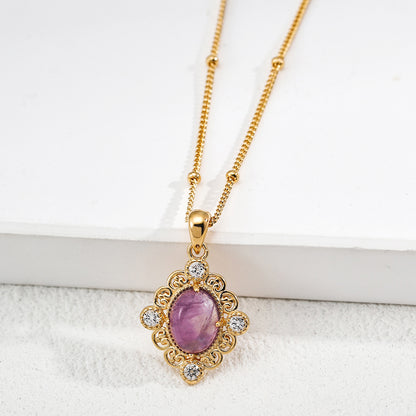 S925 Silver Vintage Filigree Amethyst Cabochon Pendant Necklace with CZ Accents