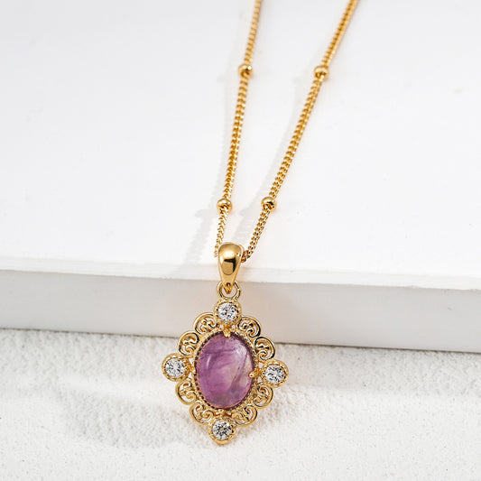 S925 Silver Vintage Filigree Amethyst Cabochon Pendant Necklace & Earrings Set with CZ Accents