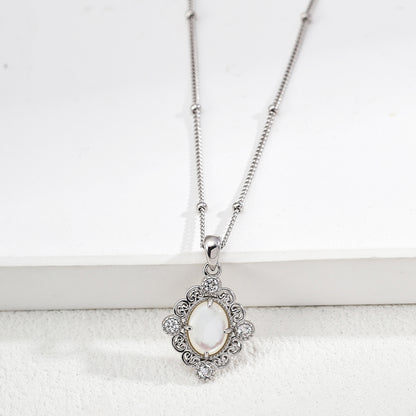 S925 Silver Vintage Filigree Amethyst Cabochon Pendant Necklace with CZ Accents
