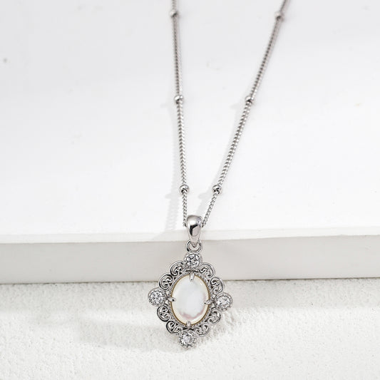 S925 Silver Vintage Filigree Amethyst Cabochon Pendant Necklace & Earrings Set with CZ Accents