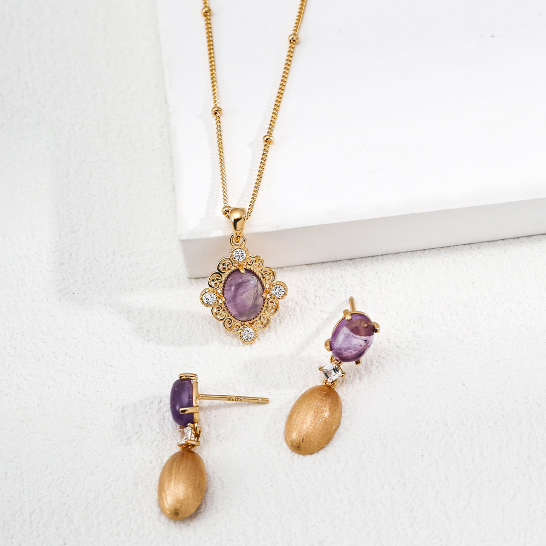 S925 Silver Vintage Filigree Amethyst Cabochon Pendant Necklace & Earrings Set with CZ Accents