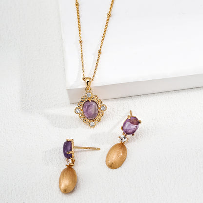 S925 Silver Vintage Filigree Amethyst Cabochon Pendant Necklace with CZ Accents