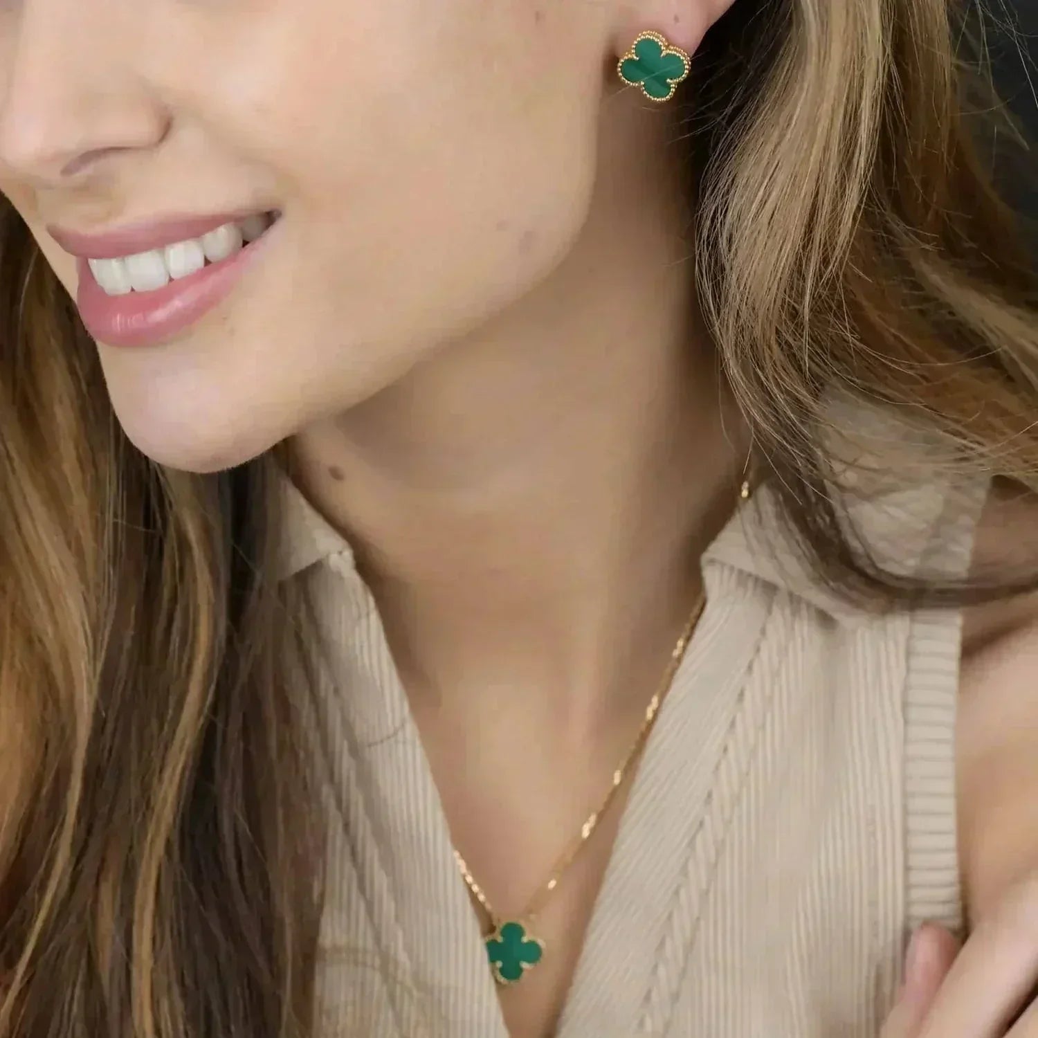 [Vicky]CLOVER MINI 9.5MM MALACHITE  EARRINGS