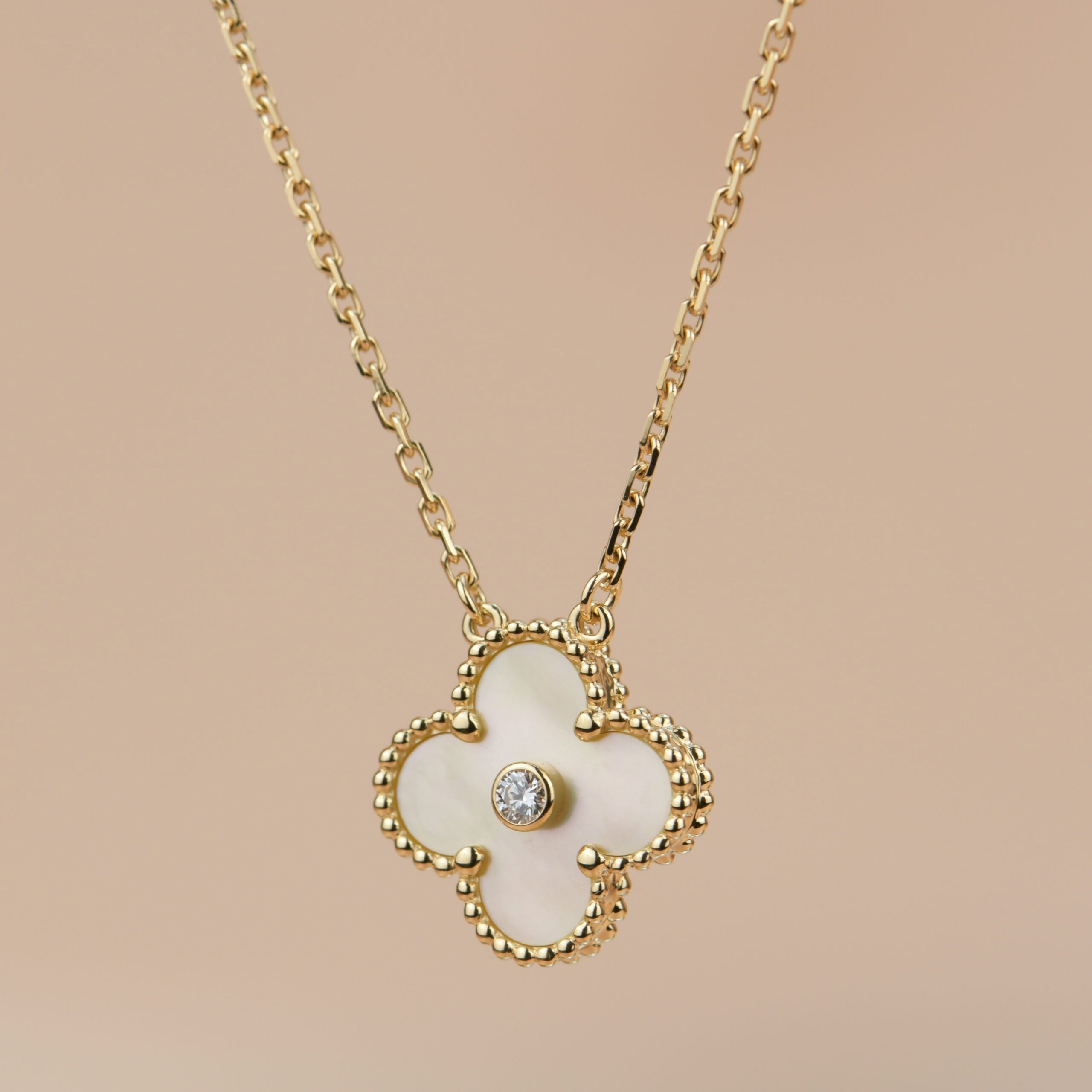 [Vicky]CLOVER 15MM DIAMOND GOLD MOTHER OF PEARL NECKLACE