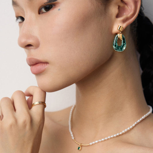 S925 Silver Teardrop Art-Glass Earrings with Gold Bow Accent