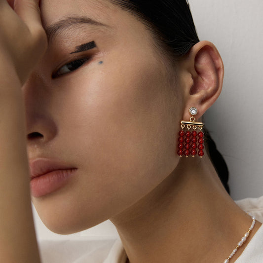 S925 Silver 4-Row Red Agate Bead Tassel Drop Earrings with CZ Post
