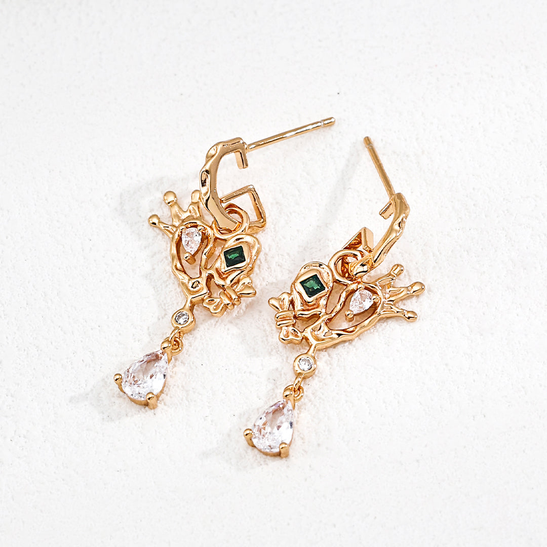 S925 Gold-Tone Crown Drop Earrings with Green CZ & Pear-Cut CZ Drop