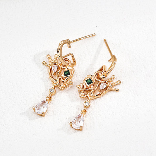 S925 Gold-Tone Crown Drop Earrings with Green CZ & Pear-Cut CZ Drop
