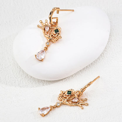 S925 Gold-Tone Crown Drop Earrings with Green CZ & Pear-Cut CZ Drop